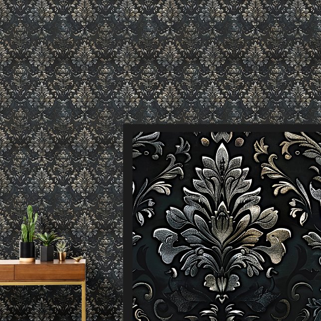 Steel Grey Bronze on Black Dramatic Gothic Damask Wallpaper (Creator Uploaded)