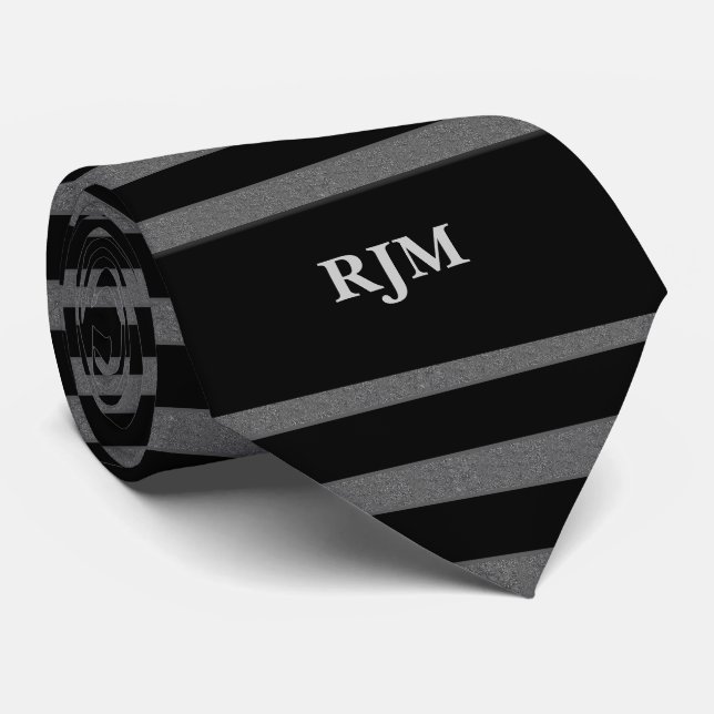 Steel Grey Paisley and Black Stripes with Monogram Tie (Rolled)