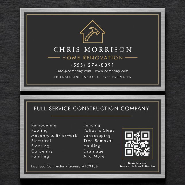 Steel Home Renovation Black QR Code Business Card (Creator Uploaded)