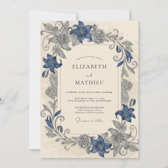 Steel Indigo Lily Wedding Invitation (Front)