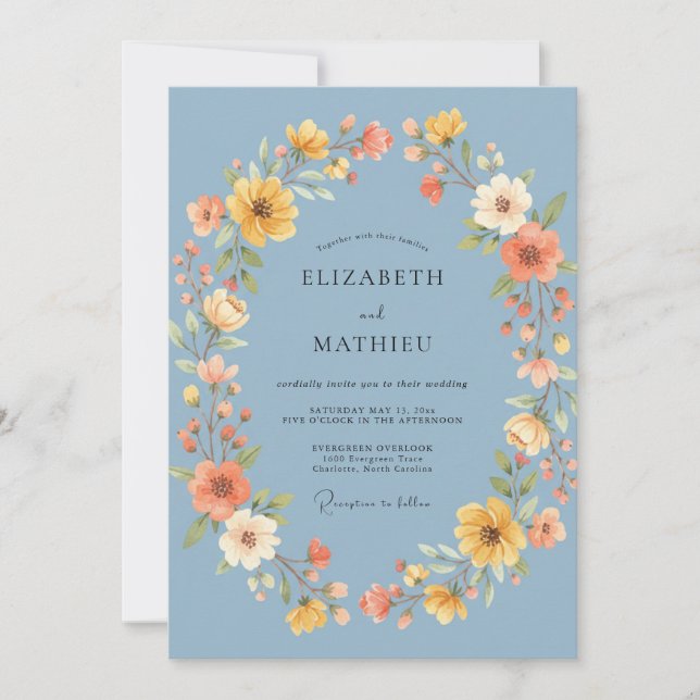 Steel Marigold Wreath Wedding Invitation (Front)