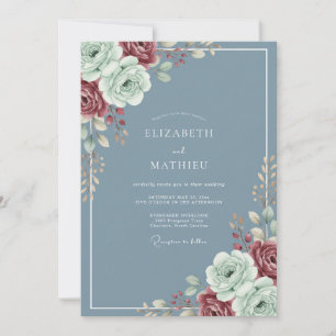 Steel Maroon Ranunculus Eucalyptus Wedding Invitation