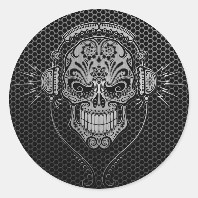 Steel Mesh DJ Sugar Skull Classic Round Sticker (Front)