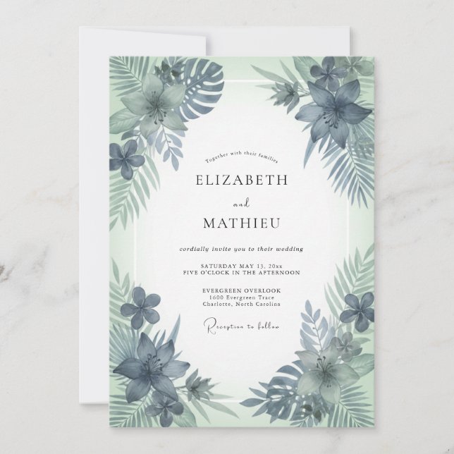 Steel Mint Palm Eucalyptus Wedding Invitation (Front)