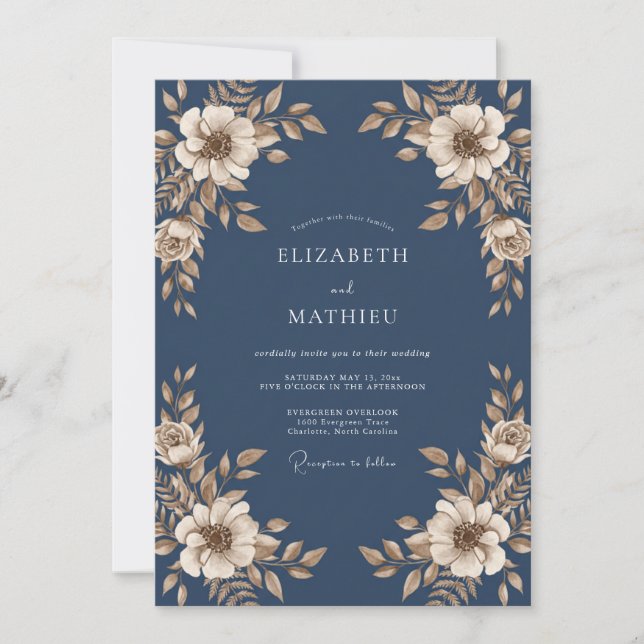Steel Muted Blue Leafy Wedding Invitation (Front)