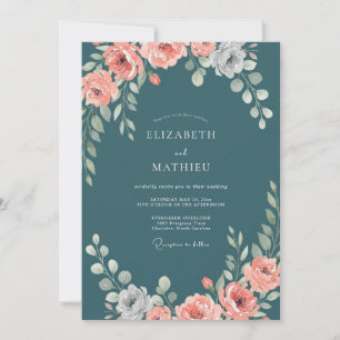 Steel Peach Ranunculus Eucalyptus Wedding Invitation