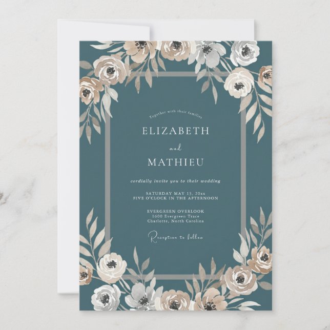 Steel Peony Leafy Wedding Invitation (Front)