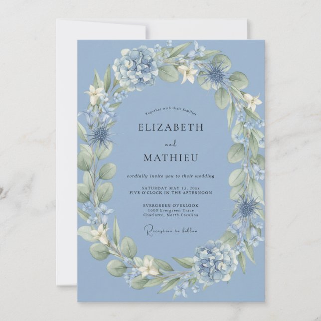 Steel Periwinkle Hydrangea Eucalyptus Wedding Invitation (Front)