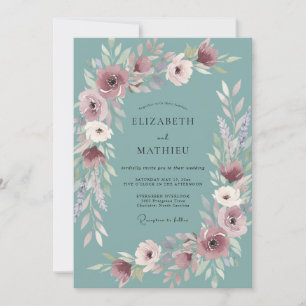 Steel Plum Ranunculus Grey Eucalyptus Wedding Invitation