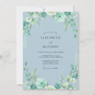 Steel Powder Blue Leafy Wedding Invitation