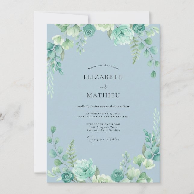 Steel Powder Blue Leafy Wedding Invitation (Front)