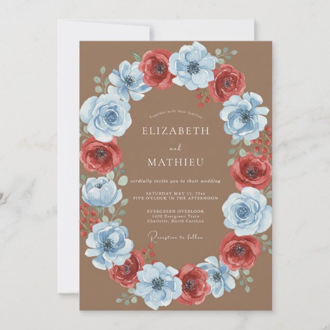 Steel Scarlet Wreath Wedding Invitation (Front)
