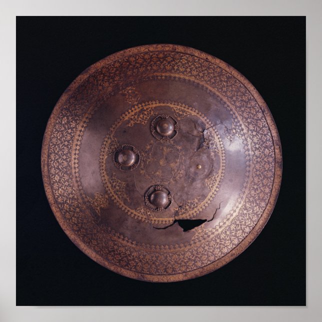 Steel shield with intricate gold decoration (Front)