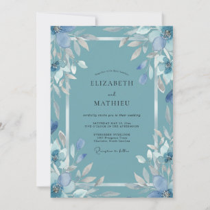 Steel Slate Blue Leafy Wedding Invitation