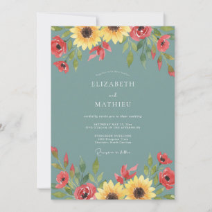 Steel Sunflower Watercolor Wedding Invitation