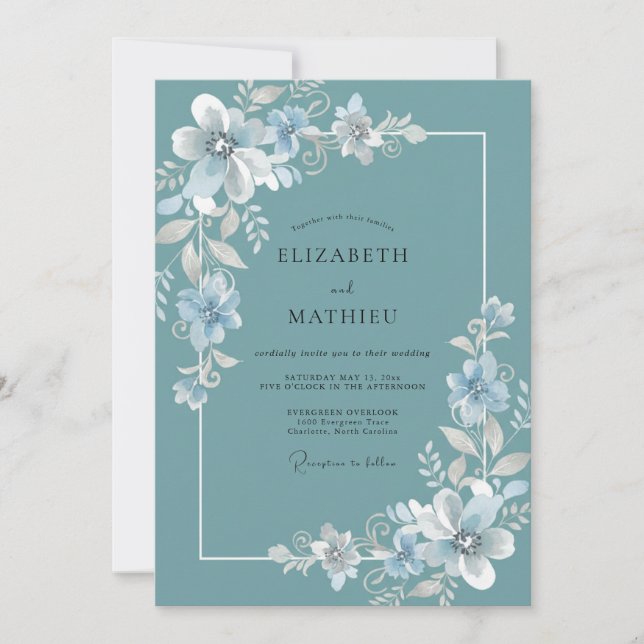 Steel Teal Blossom Wedding Invitation (Front)