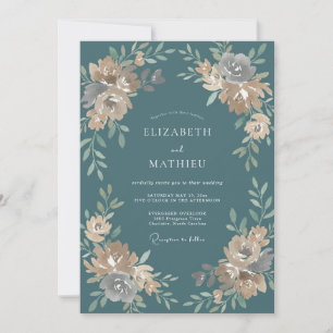 Steel Teal Ranunculus Eucalyptus Wedding Invitation