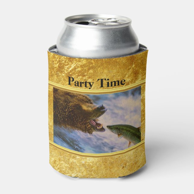 Steelhead salmon jumping into grizzly bears mouth can cooler (Can Front)