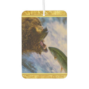 Steelhead salmon jumping into grizzly bears mouth car air freshener