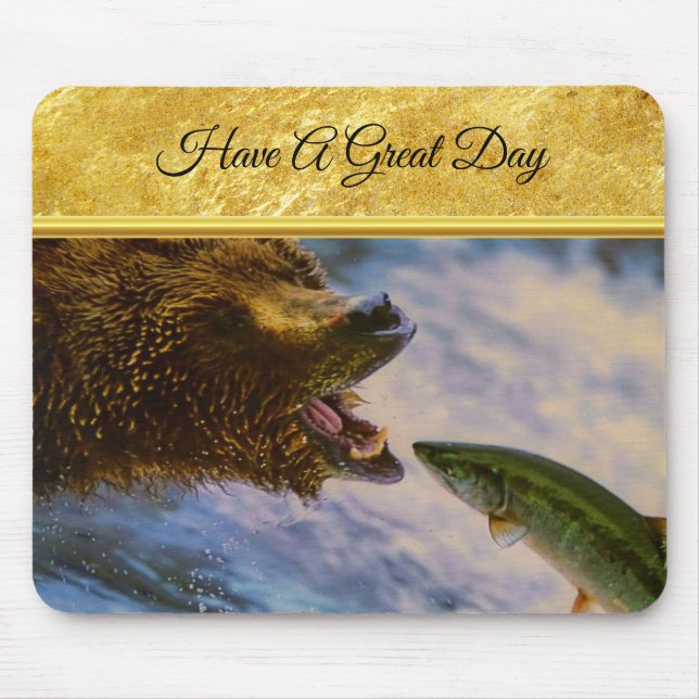 Steelhead salmon jumping into grizzly bears mouth mouse mat (Front)