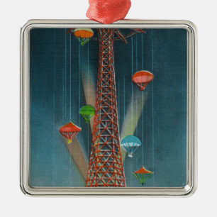 Steeplechase Park Parachute Jump View at Night Metal Tree Decoration