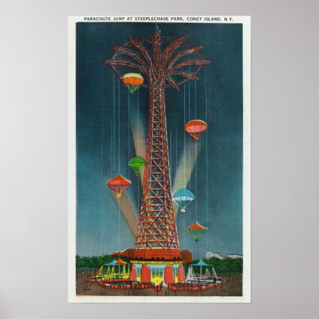 Steeplechase Park Parachute Jump View at Night Poster (Front)