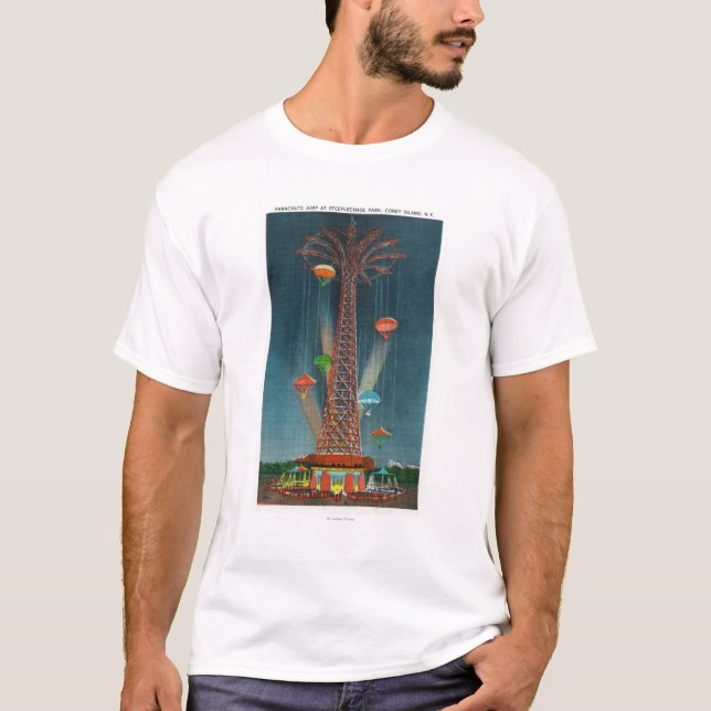 Steeplechase Park Parachute Jump View at Night T-Shirt (Front)