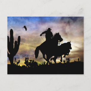 Steer Roping Cowboy and Horse Southwestern Desert Postcard