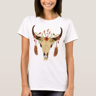 Steer Skull with Flowers and Feathers T-Shirt