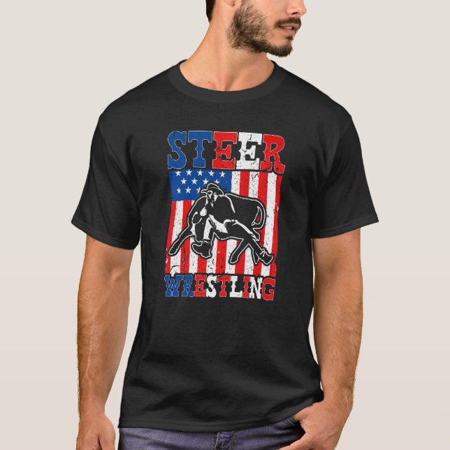 Steer Wrestling Patriotic American Flag Rodeo Bull T-Shirt (Front)