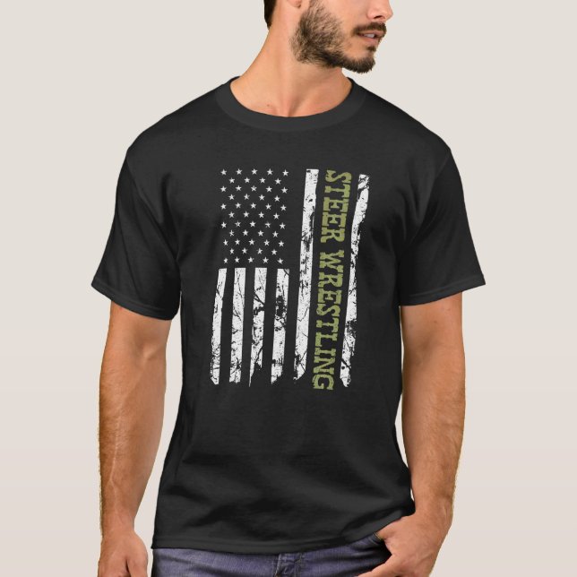 Steer Wrestling Patriotic American Flag Rodeo Bull T-Shirt (Front)