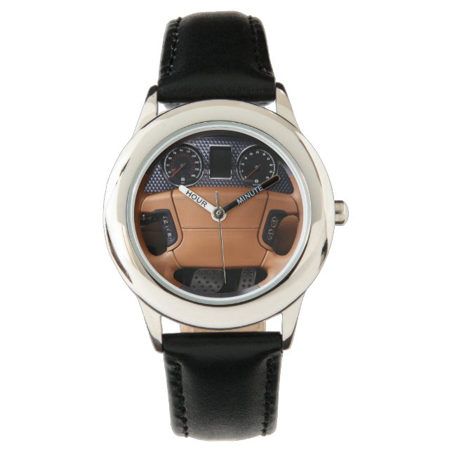 Steering Wheels Brown Leather Style Watch (Front)