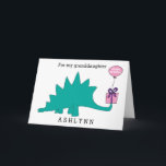 Stegosaurus Dinosaur Birthday Granddaughter Card<br><div class="desc">A stegosaurus dinosaur birthday granddaughter card with a Happy Birthday balloon attached to the present. You can easily personalise this girl's dinosaur birthday card with her name. Inside the birthday card reads "have a dino-mite birthday!" which you can also change if you'd like. The back reads "Happy Birthday 2018". Great...</div>