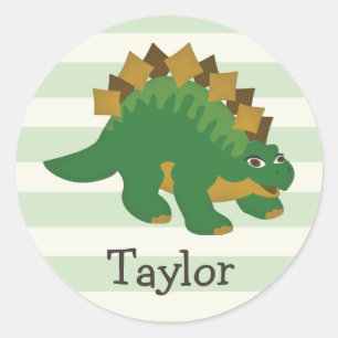 Stegosaurus on Pastel Green Stripes Classic Round Sticker