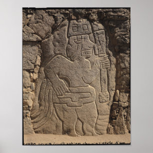 Stela depicting a warrior holding a club poster