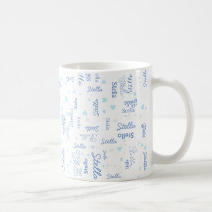 Stella custom name, blue hearts and stars on white coffee mug