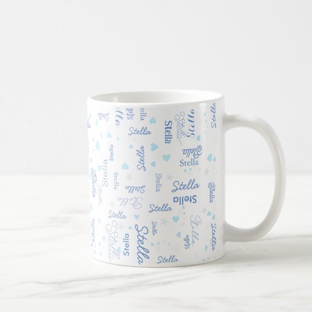 Stella custom name, blue hearts and stars on white coffee mug (Right)