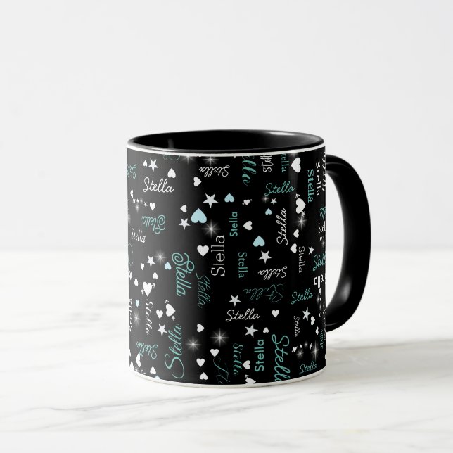 Stella custom name full of hearts and stars black mug (Front Right)