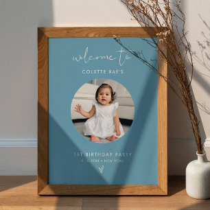STELLA Minimalist Blue Birthday Photo Welcome Sign