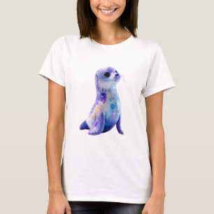 Stellar Galaxy Watercolor Baby Seal Women T-Shirt