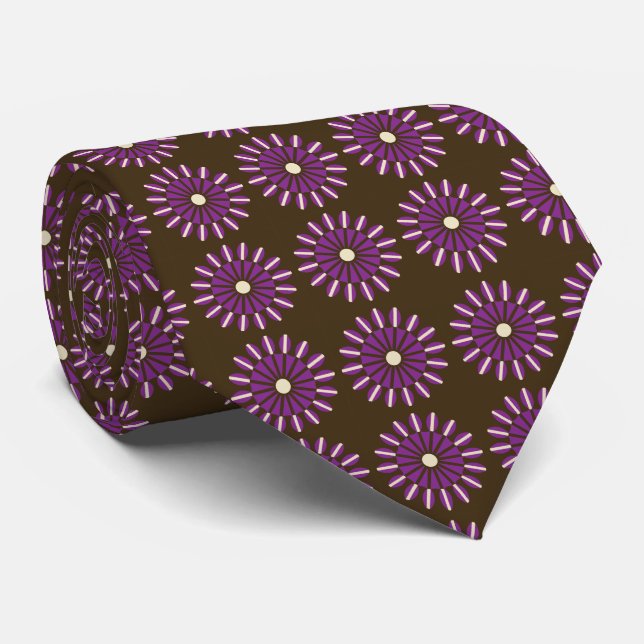 Stellar Geometric Floral Brown & Violet Two-Sided Tie (Rolled)