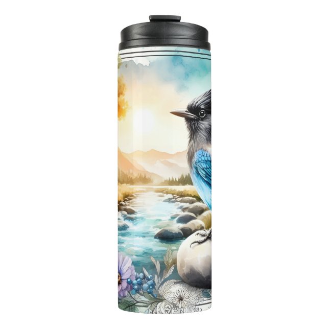 Steller’s Jay Songbird Watercolor Wildlife Tumbler (Front)