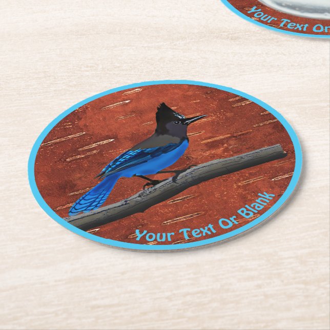 Steller's Jay On Inner Birch Bark Round Paper Coaster (Angled)