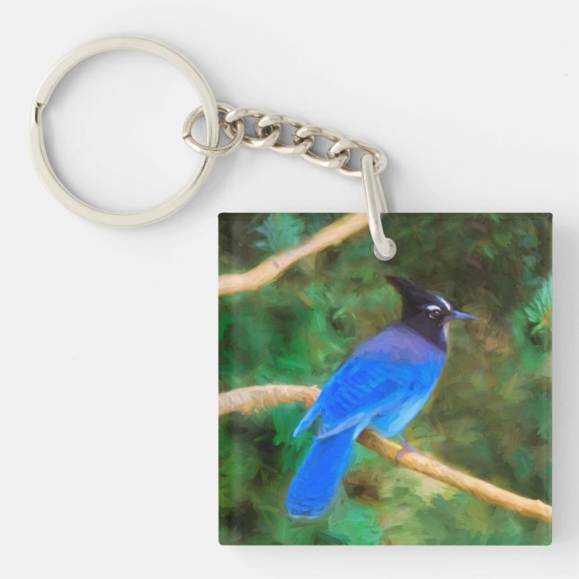 Steller's Jay Painting - Original Bird Art Key Ring (Front)