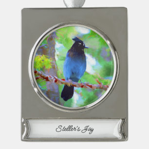 Steller's Jay Painting - Original Bird Art Silver Plated Banner Ornament