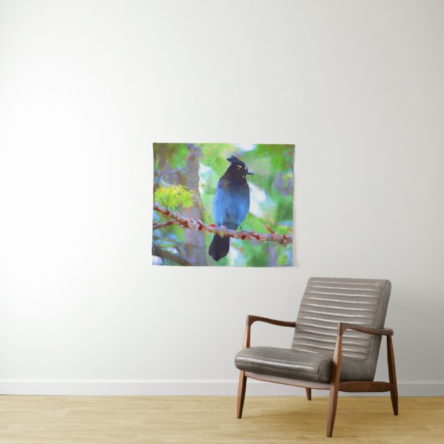 Steller's Jay Painting - Original Wild Bird Art Tapestry (In Situ (Horizontal))