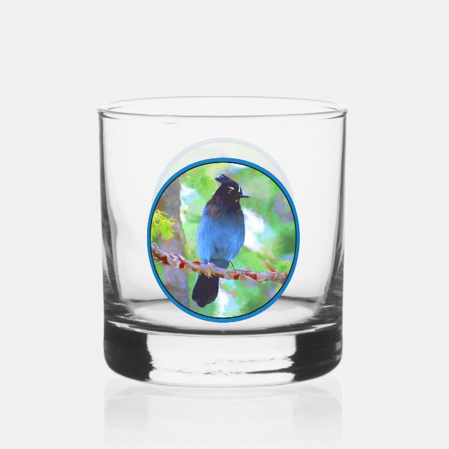 Steller's Jay Painting - Original Wild Bird Art Whiskey Glass (Front)