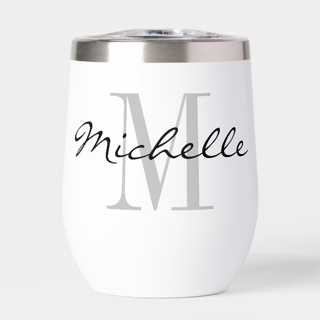 Stemless wine tumbler glass with custom monogram (Front)