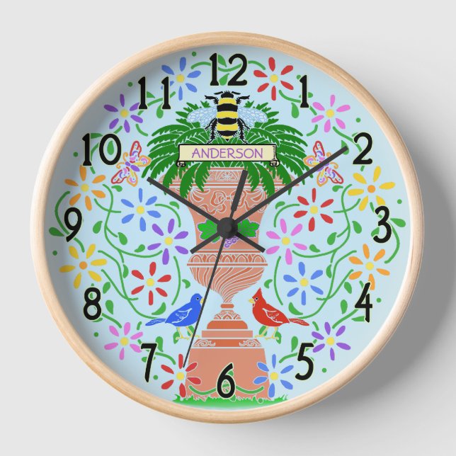 Stencil Flower Urn Bee and Birds Custom Blue Clock (Front)