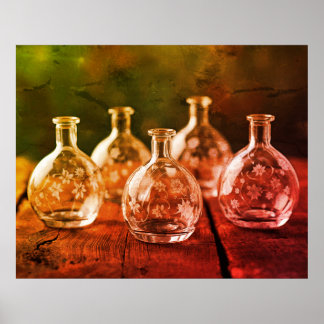 Stenciled Clear Glass Bottles on a Wood Table Wall Poster
